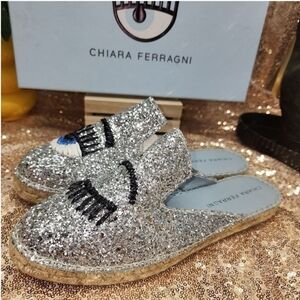 NIB CHIARA FERRAGNI Glitter Espadrille Mules In Silver
